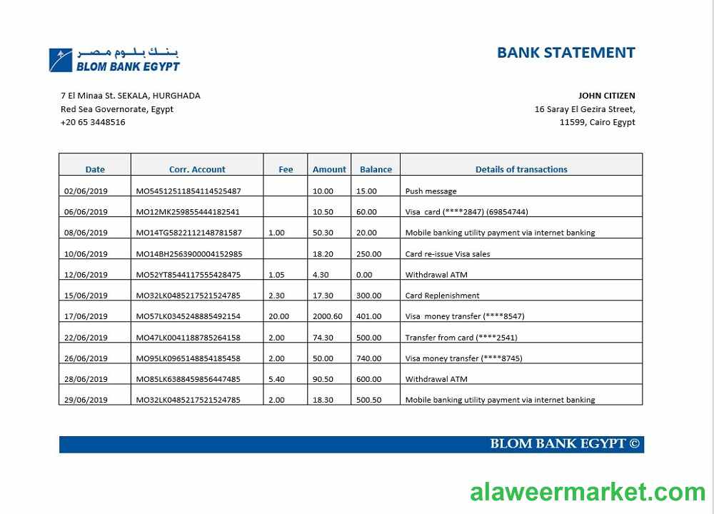 Egypt Blom Bank statement